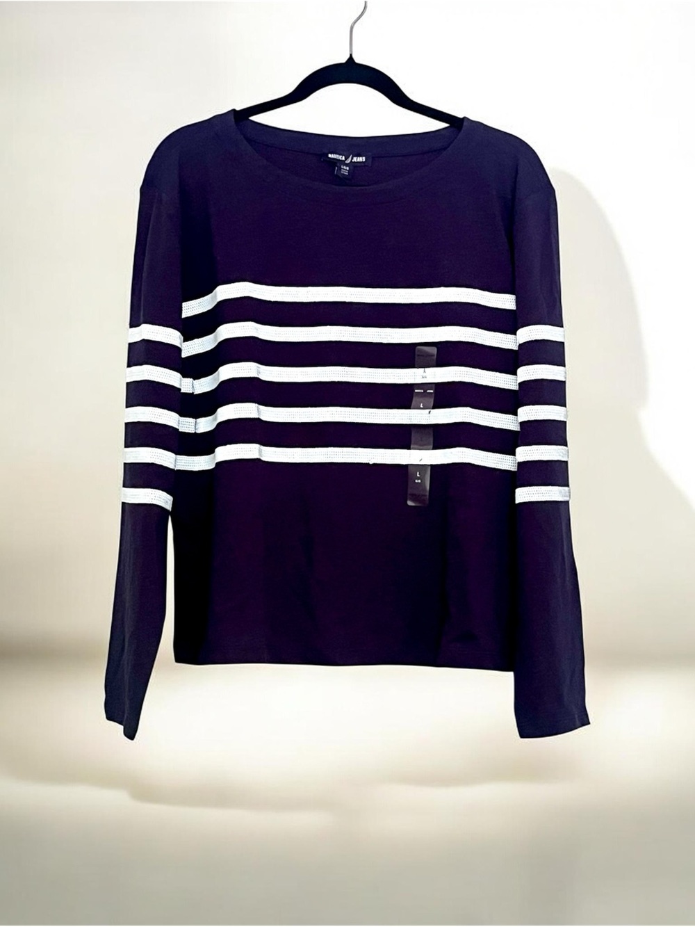 Nautica Women’s Navy Long-Sleeve Crewneck with Sequins White Stripes Size L